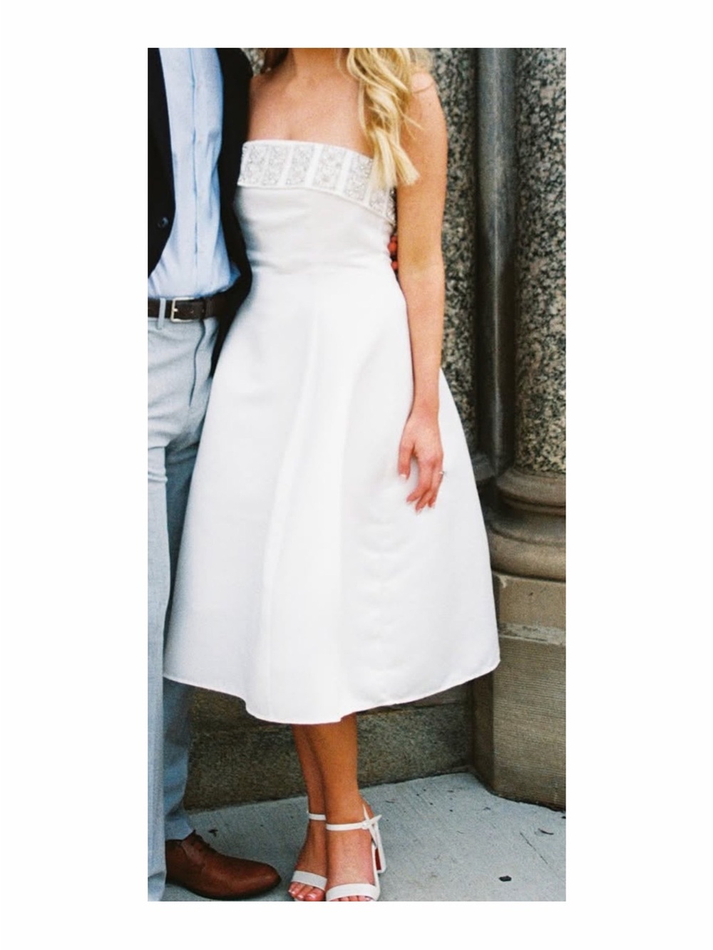 BHLDN Strapless White Midi Dress with Lace Trim